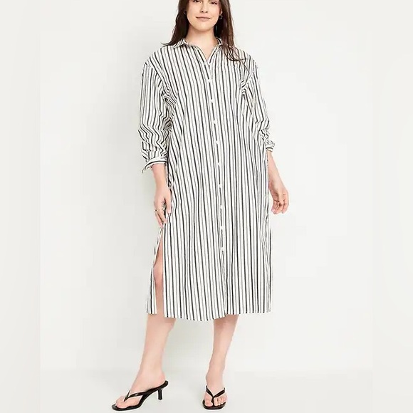 Old Navy Dresses & Skirts - Old Navy Women’s Black Cream Striped Shirt Midi Dress Sz XL Casual Summer Chic